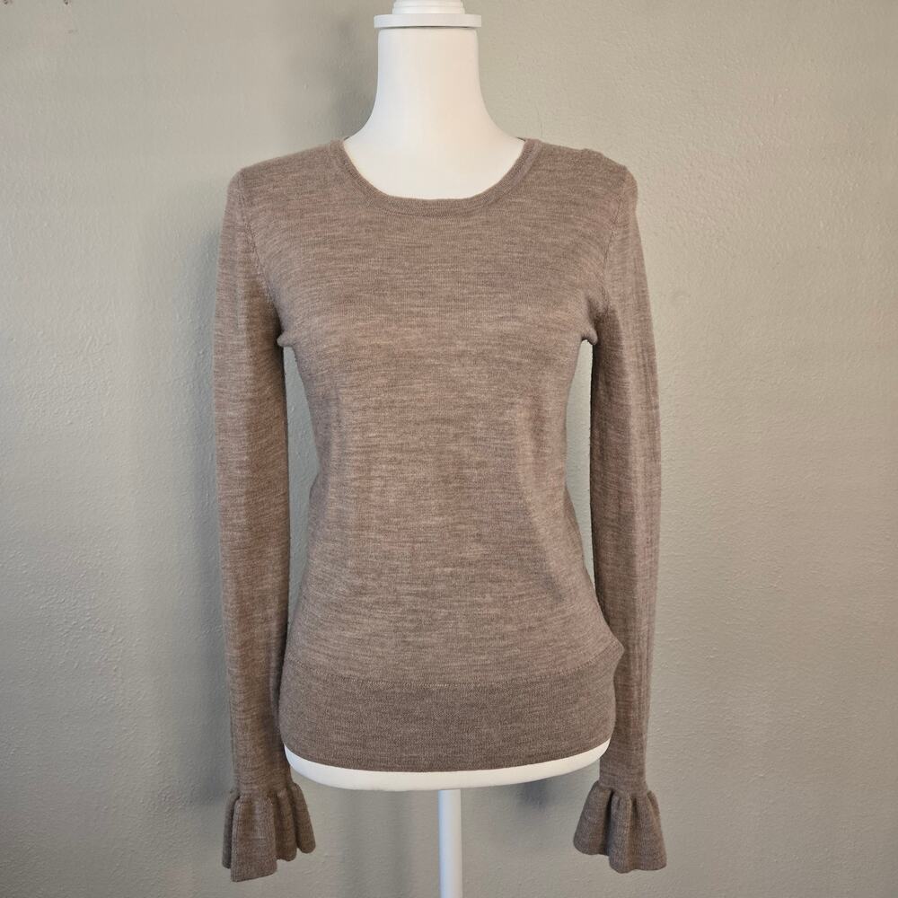 Classic Preppy Merino Wool Ruffle Lightweight Sweater S Beige Nanette Lepore